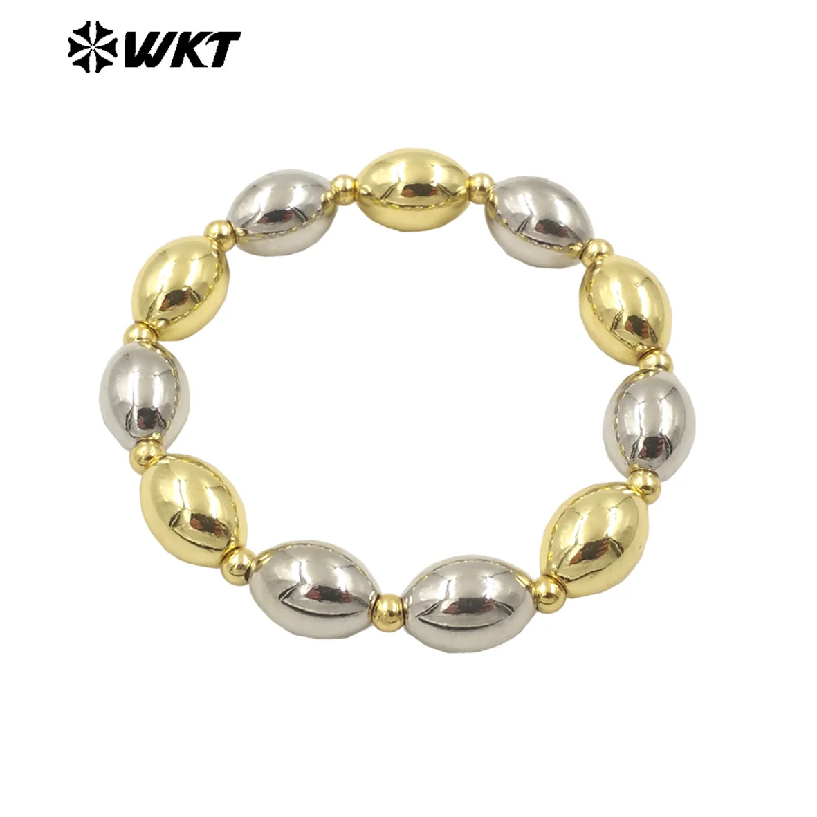 

WT-JF348 Wholesale 18k Real Gold Plated Unique Steel And Gold Mixsure Bullet Brass Beads Stretch Bracelets 10PCS