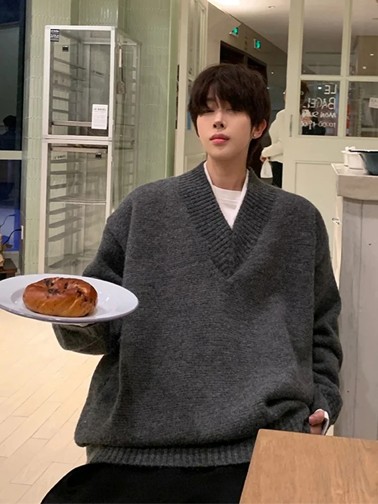 

Мужской зимний трикотажный джемпер в американском ретро-стиле с V-образным вырезом, свободного кроя, с длинным рукавом, для повседневной носки, премиум-класса