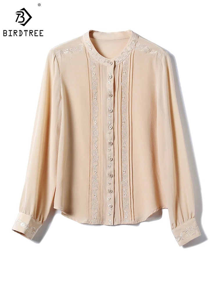 

BirdTree, 100%Real Silk Elegant Shirt, Women Long Sleeve Embroidery, Elegant Designed OL Blouses, 2024 Spring New T43525QM
