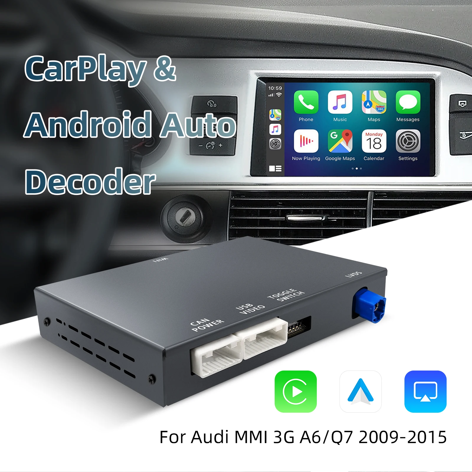 Wireless CarPlay Android Auto Retrofit Kit Decoder Box for Audi A6 Q7 2009-2015 MMI 3G System 6.5/7 Inch Screen OEM Upgrade