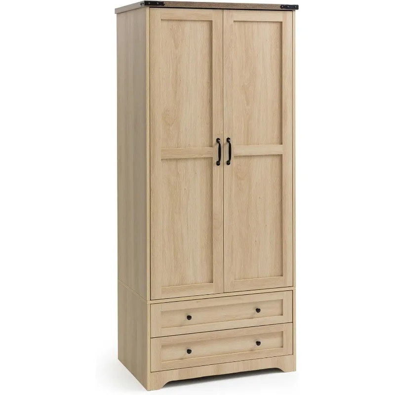 

71" Wooden Armoire Wardrobe Closet - Modern Functional Clothes Tall Storage Cabinet with Adjustable Shelf and Hanging Rail