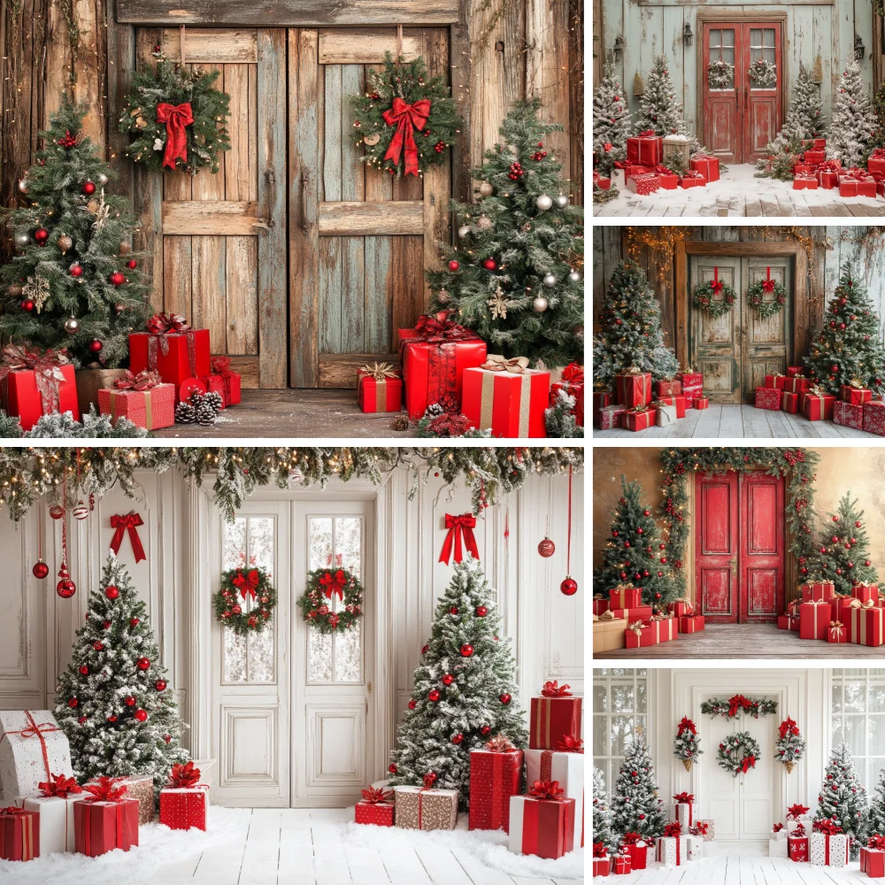 冬のクリスマス写真背景 クリスマス倉庫 木製ドア ギフト ホリデーデコレーション 子供ポートレート写真背景