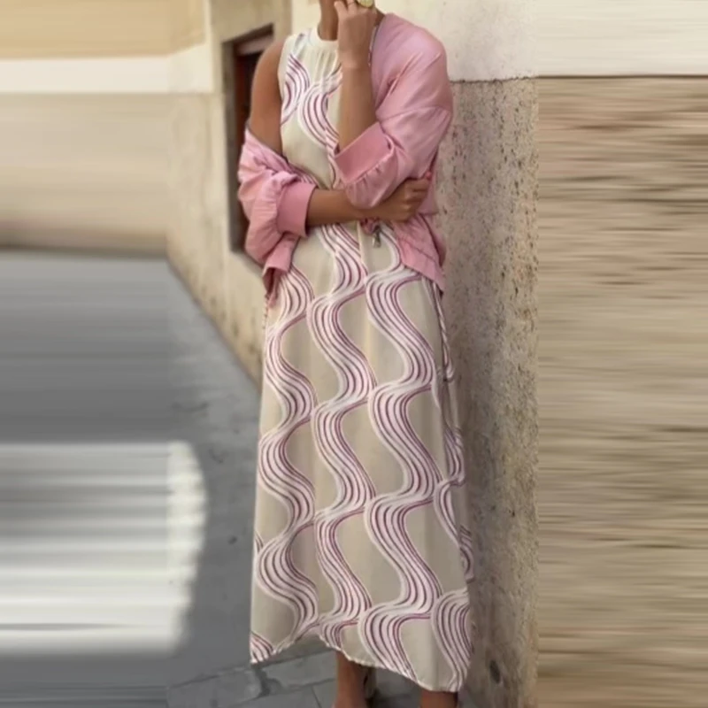 

Elegant Half Sleeve Cardigan Commuter Suit Retro Loose Straight Tube Two Piece Sets Spring Autumn Printed Dress Women's Outfit