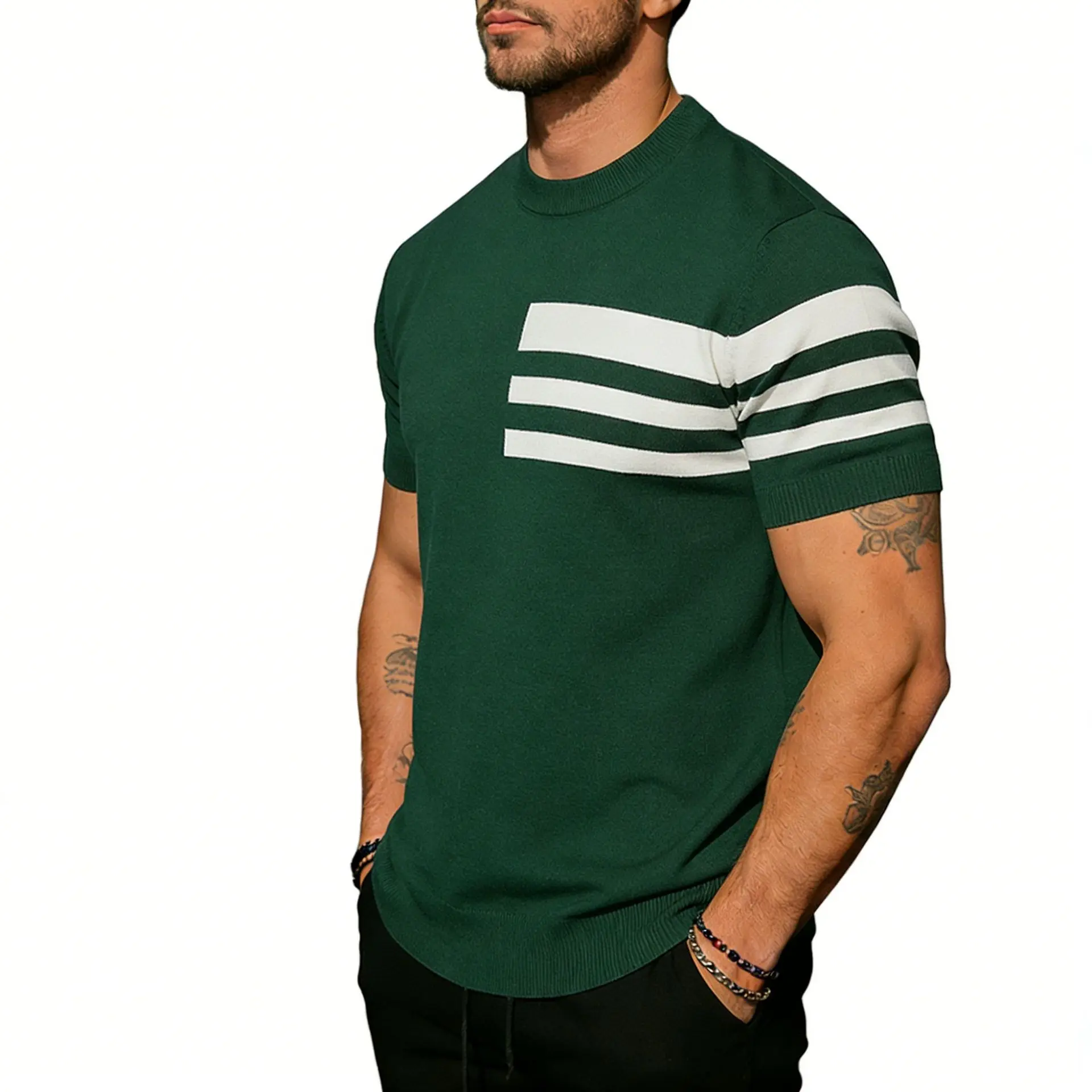 2026 New Summer European Fashion T-shirt Breathable Knitted Ice Silk Short Sleeve High Quality Trendy Brand Fashion Half Sleeve