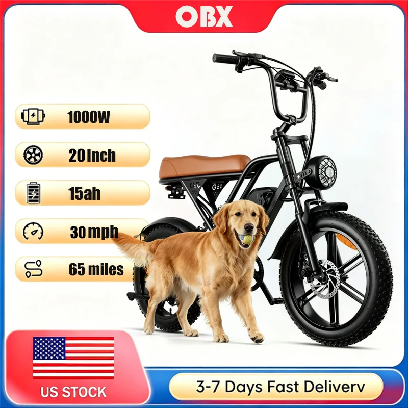 1000W G60 Electric Bike 48V 15Ah Removable Battery 30MPH Speed 20''x4'' Fat Tire 7-Speed Gear Dual Disc Brake System E-Bike