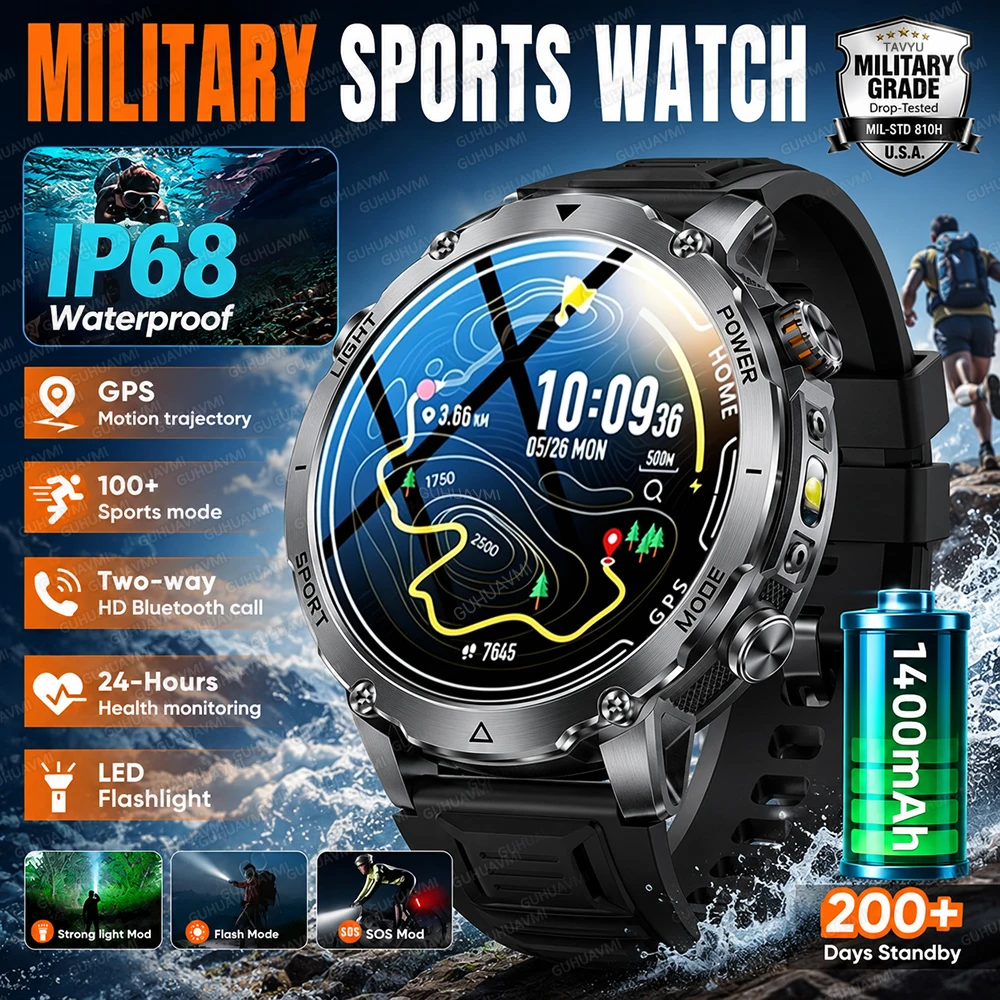 

Military Smart Watch 1400mAh Big Battery GPS Outdoor Sports Watch IP68 Waterproof Swim SOS Flashlight Bluetooth Call Watches Men