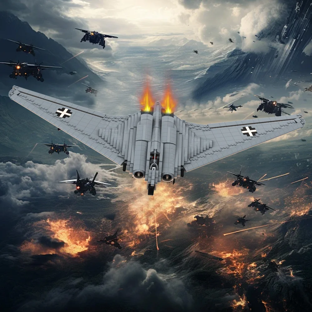 MOC German Ho-229 Fighters Bombers Building Blocks Model bez ogona Flying Wing jet Bombers Bricks DIY Zmontowana zabawka Prezent dla dzieci