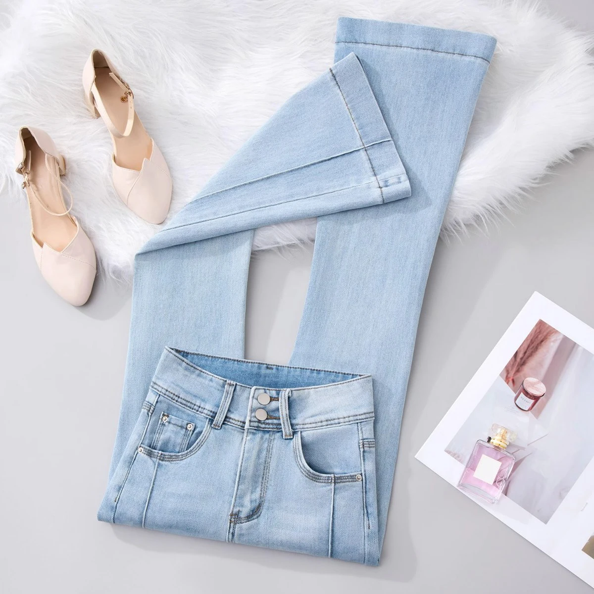 Pantaloni svasati azzurri da donna a vita alta pantaloni in denim morbido solido filo laterale stivali elasticizzati jeans tagliati S-2XL jeans lunghi femminili