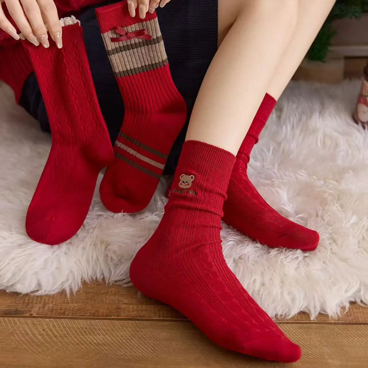 

Red thick women's mid calf socks for autumn and winter, with check patterns, providing warmth and comfort. Perfect for Christmas