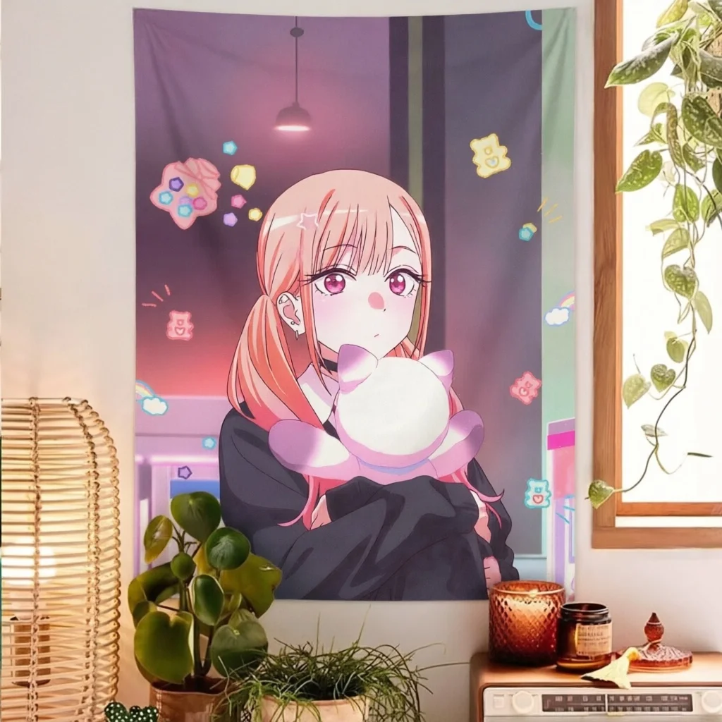 Wall Tapestry Marin Kitagawa Cute Anime Girl Hugging Cat Doll Pastel Wall Hanging Cloth For Teen Bedroom Dorm Home Decor