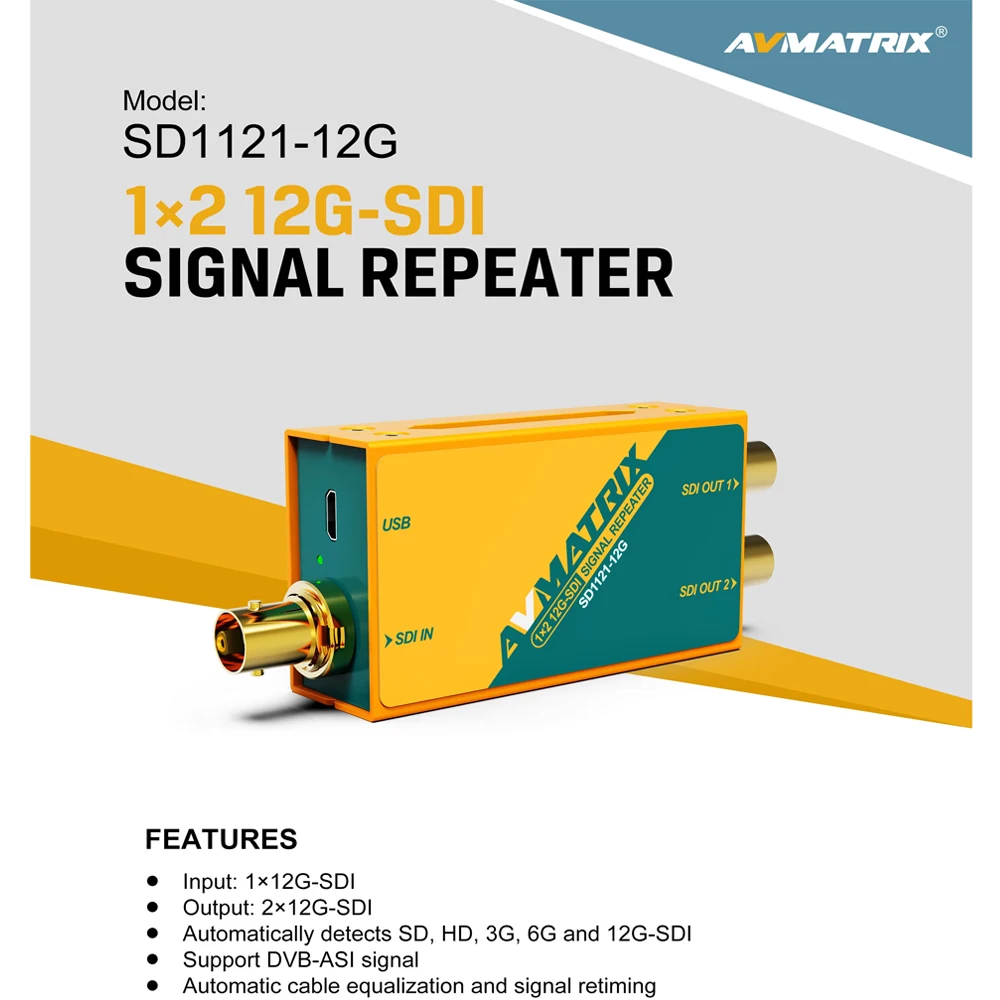 AVMATRIX SD1121 12G 1 in 2 out SDI Repeater HD, 3G, 6G 4K Signal Distributor SDI Video Splitter Switcher