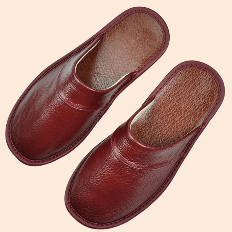 Cow Leather Slippers Unisex Big Sizes Linen Home Male Indoor House for Men\'s Slippers Women Man Slipper Luxury Soft Flat Shoes