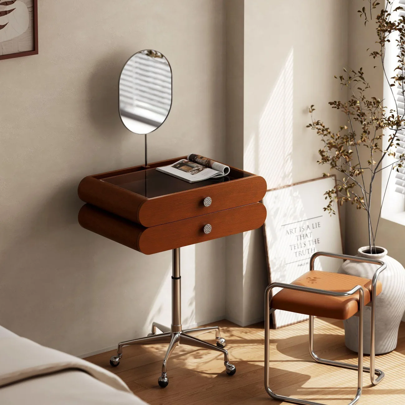 Nordic small retro dressing table removable lifting makeup table Bauhaus dressing table with makeup mirror integrated