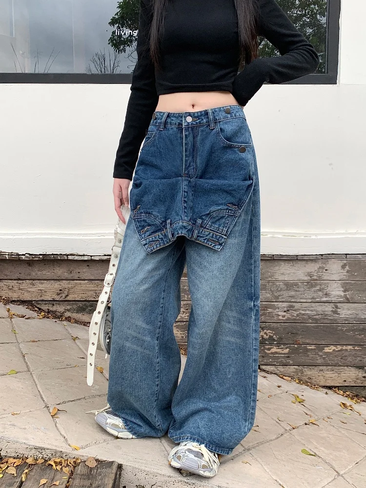 

2024 Trashy Y2K Streetwear Button Patchwork Baggy Jeans Pants For Women Designer Clothes Wide Leg Lady Trousers Pantalon Femme