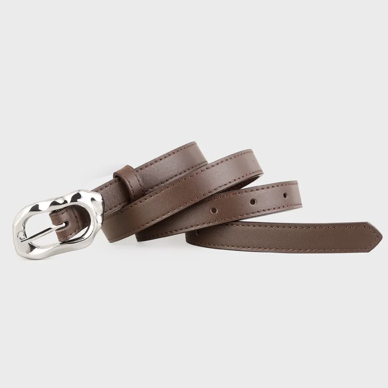スリムウエストバンドフルグレイン本物の牛革ブラウンコーヒージーンズベルトストラップシルバー不規則な金属バックル牛革ウエストベルト