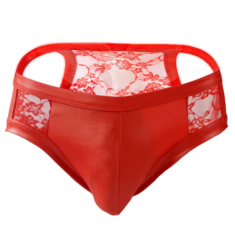 

Mens Sexy See Through Briefs Lace Underpants Faux Leather Convex Pouch Panties Hollow Bikini Underwear Seductive Erotic Lingerie