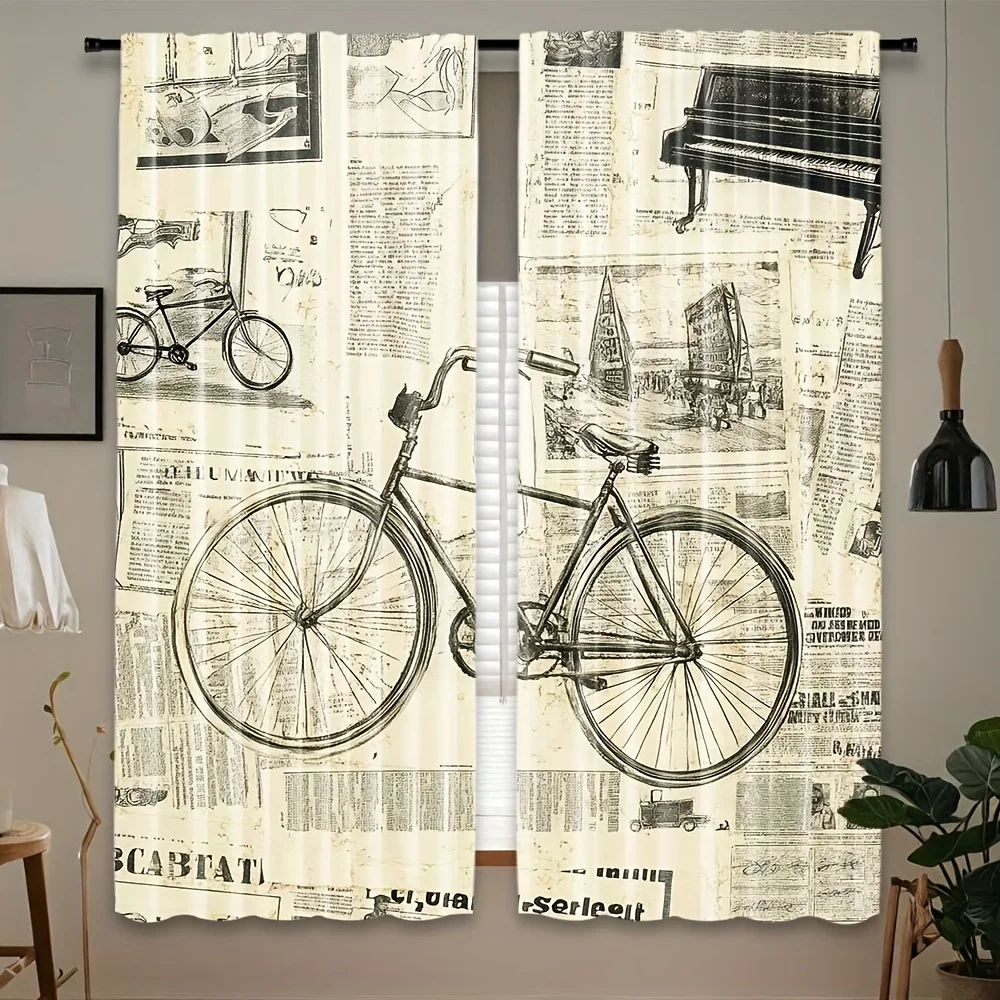 Old News Print Curtain Panels, Vintage Bike Piano Newsprint Sepia Retro Tone Print Drapes for Nostalgic‑Style Apartment Decor