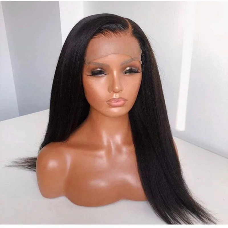 

Yaki 26Inch Kinky Straight Natural Black Lace Front Wigs Long Soft 180Density For Women With Baby Hair Glueless Preplucked