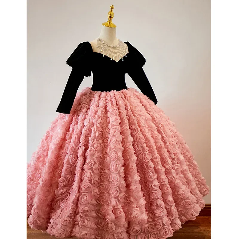 Children's Dress for Kids Girls Pink Beautiful Shiny Host Birthday Banquet Princess Dresses Girls Piano Performance Rose Clothes