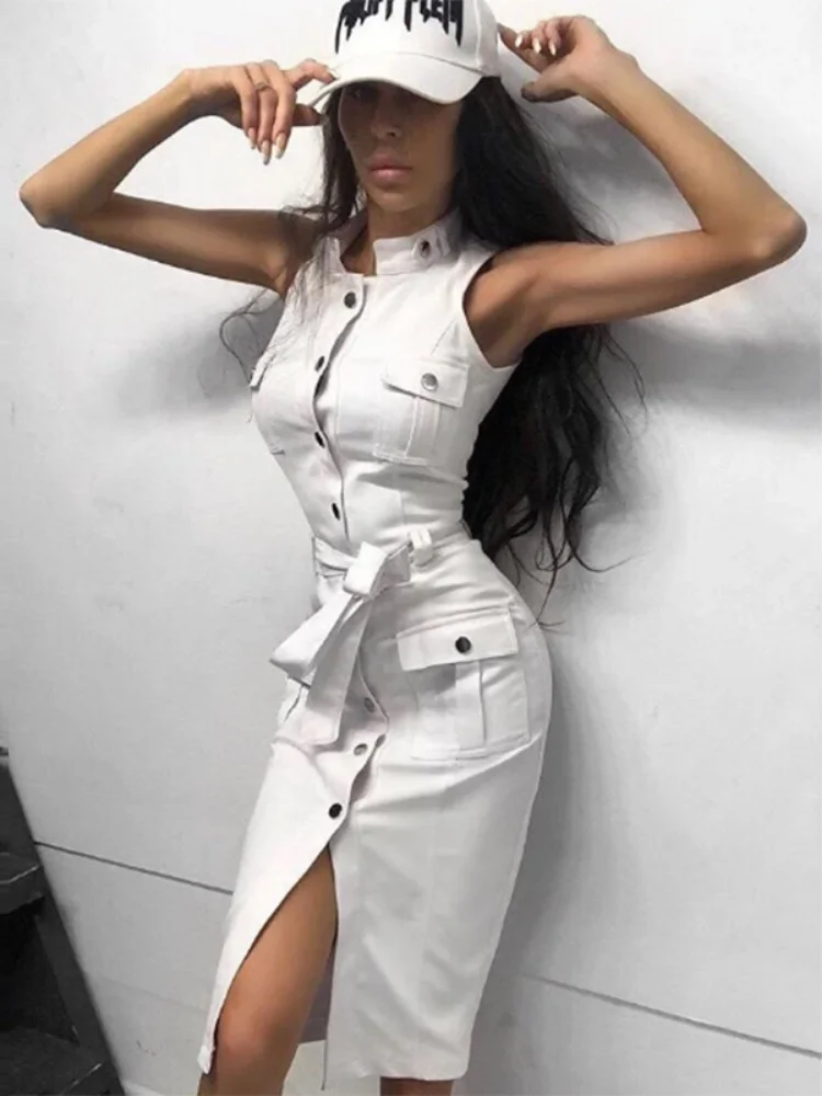 2022 New Sexy Women Bandage Button Dress Sleeveless Lace Up High Waist Hot Street Wear Evening Party Club Dress