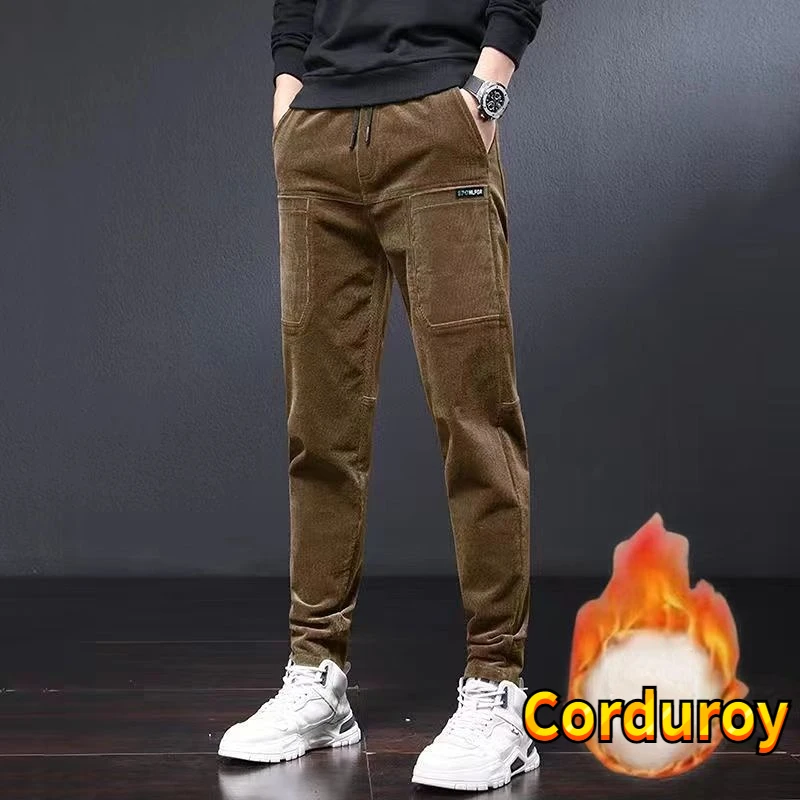 Winter Pants Men Work Wear Baggy Brushed Joggers Streetwear Elastic Waist Male Korean Designer Corduroy Plush Thicken Trousers