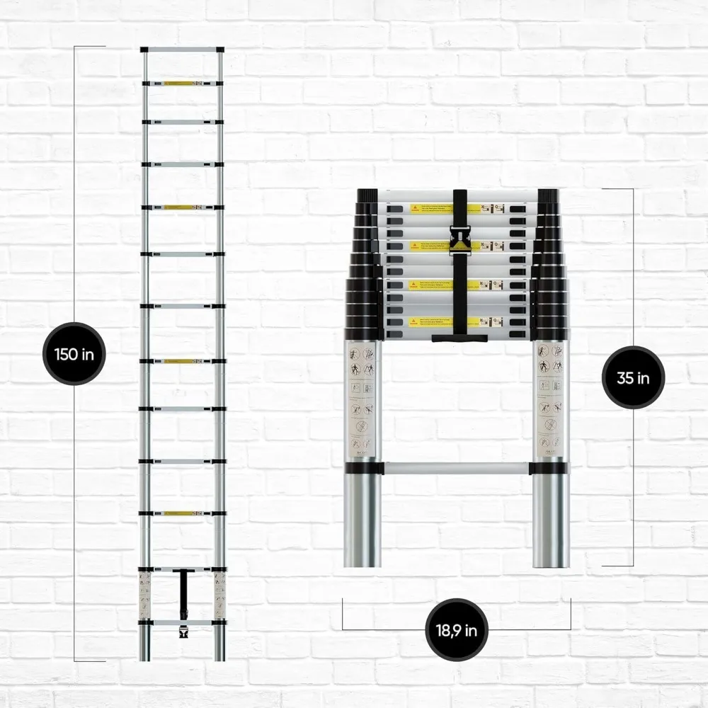 12.5 FT, Aluminum Extendable Ladder with 2 Detachable Hooks, Retractable Telescopic Extension Ladder for Indoor Or Outdoor,