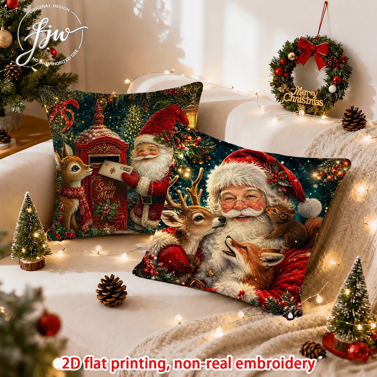 2pcs  Christmas Throw Pillow Covers Set of 2 Vintage Santa Claus Xmas Animal Holiday Cushion Cases for Sofa Bedroom Decor