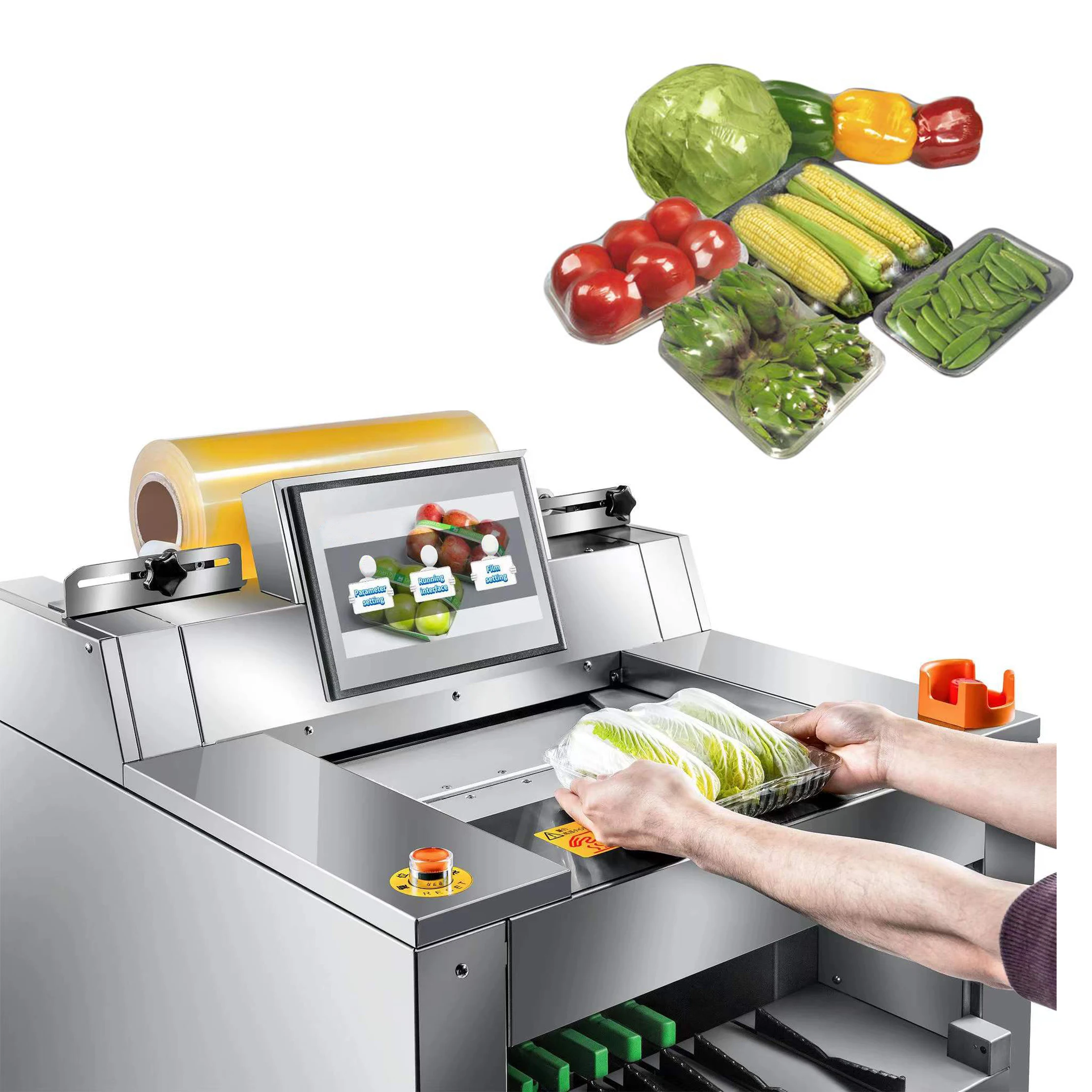 Supermarket stretching plastic wrap packaging machine, packaging strawberries, bayberry, durian, vegetables and fruits fresh