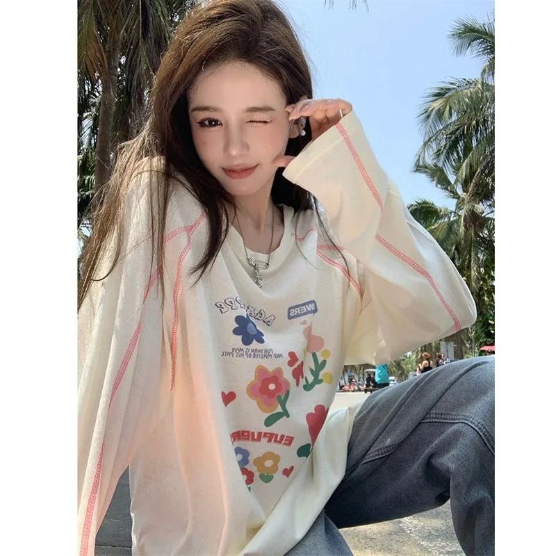 

2024 New Arrival Autumn Women Casual Loose Floral Print O-neck Tops Tees Korea Style All-matched O-neck Long Sleeve T-shirt V106