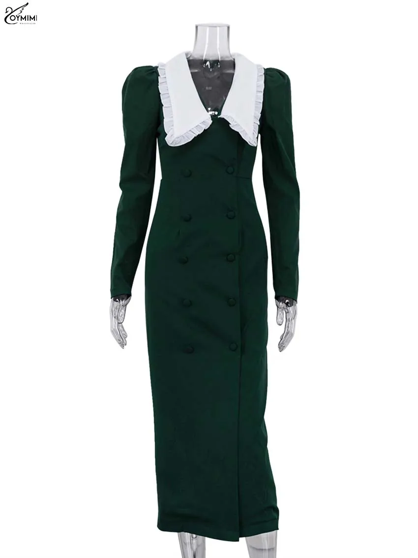 Oymimi Fashion Green Patchwork Womens Dresses Elegant Peter Pan Collar Long Sleeve Dresses Casual Slim Double Breasted Dress