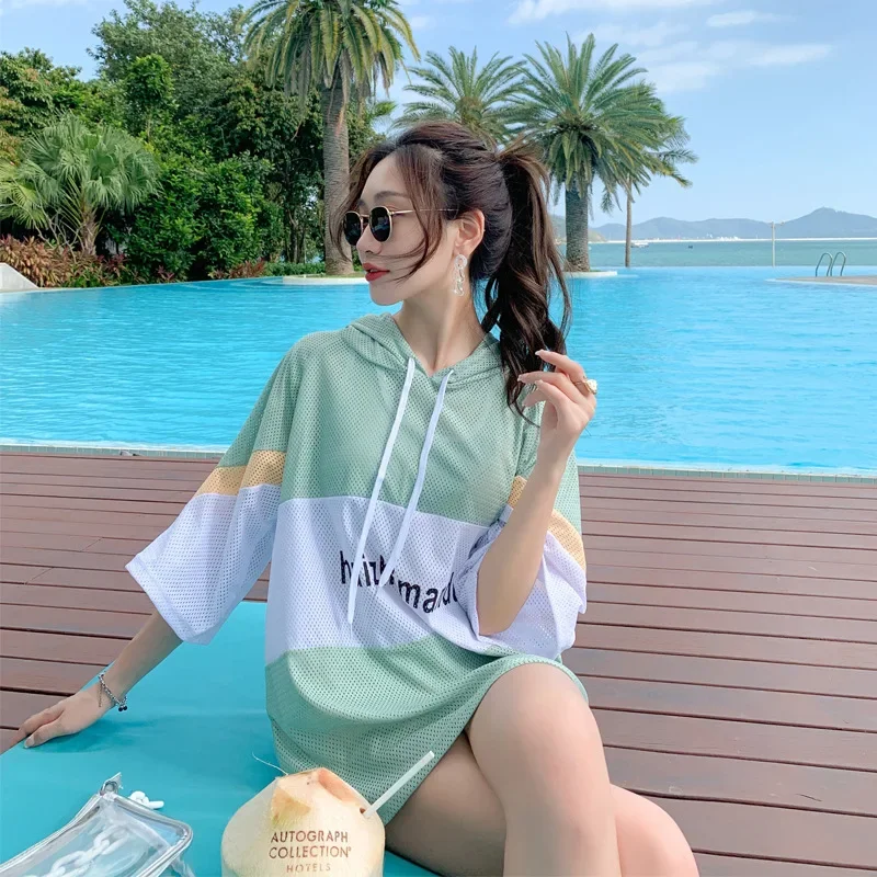 

Conservative Student Swimwear Korean Sle Two-Piece Swimsuit Women Summer College Faion Long Sve Sport Tee-Piece Set