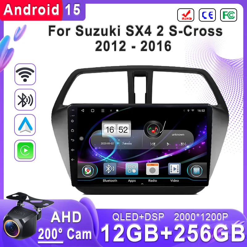 Android 15 2K Incell Screen Multimedia Stereo For Suzuki SX4 2 S-Cross 2012 - 2016 Plug and Play High-performance CPU Dash Cam