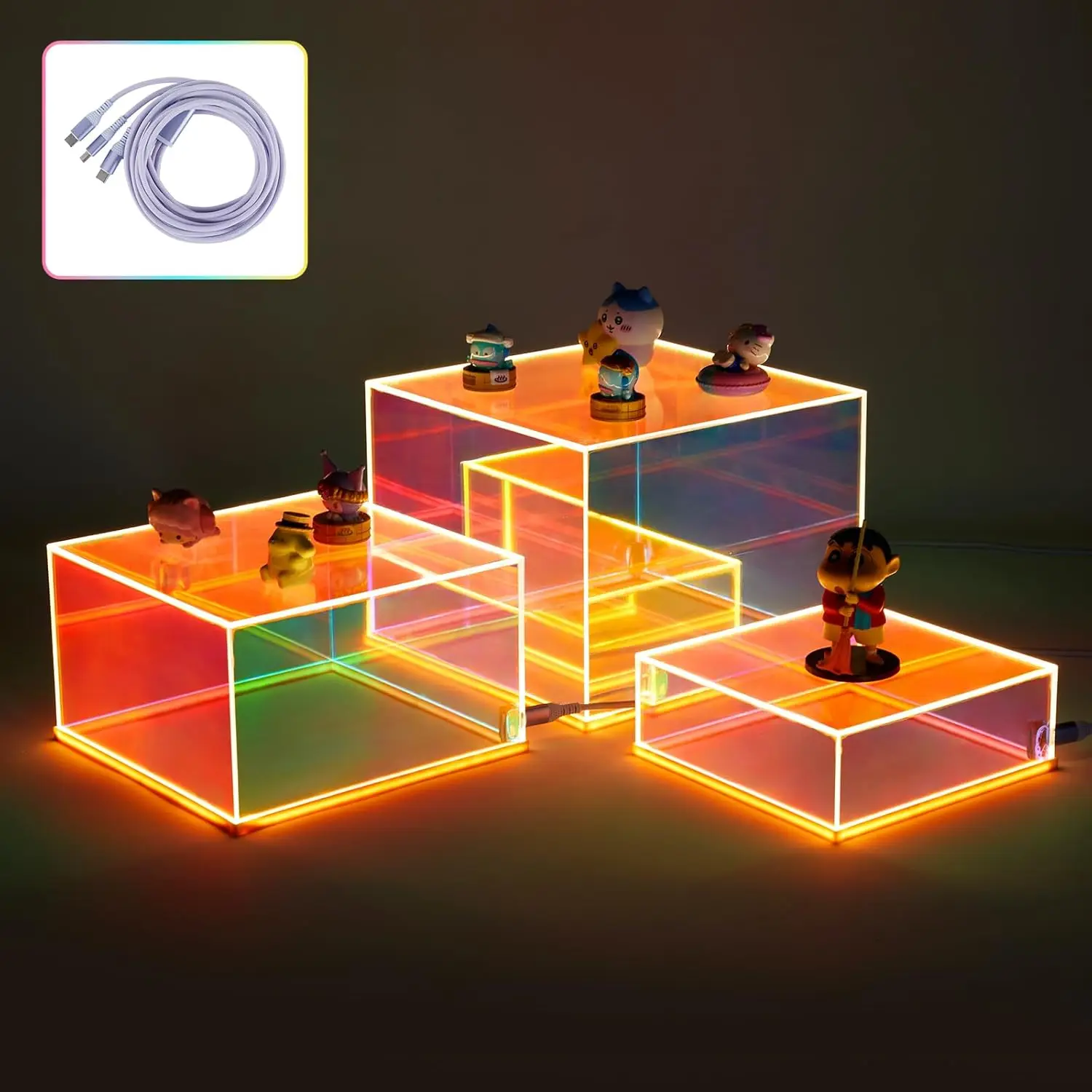 

3Pcs LED Iridescent Acrylic Display Risers with Hollow Bottom, Stackable for Jewelry Perfume Food Buffet