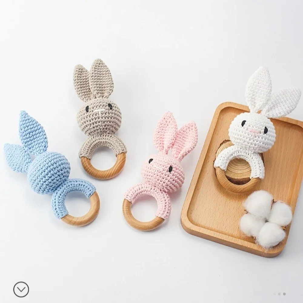 Wood Rodent Rabbit Crochet Rattle Knitted Cartoon Animal Biteable BPA Free Hooked Soft Soothing Design Wooden Teether