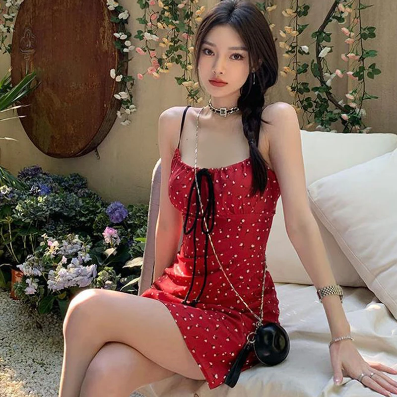 

INS Blogger's Same Style Red Floral Camisole Dress Women Sexy Summer Tie Up Collar Strap Mini Dresses