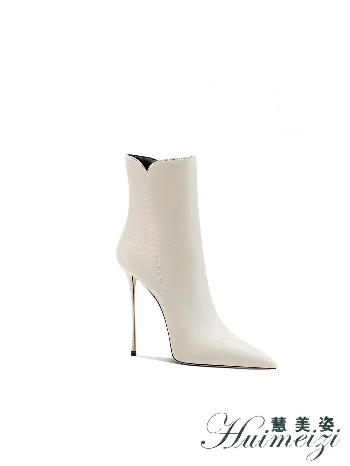HMZ white Leather Boots Women's Medium Boots 2027 Winter New Pointed Stiletto High Heels