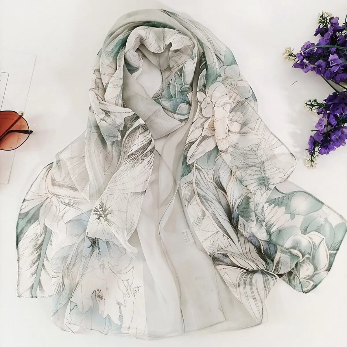 

Summer Floral Ombre Thin Soft Lightweight Chiffon-like Beach Silky Georgette Scarf Shawls 160cm Long Neck Wraps Beach Sunscreen