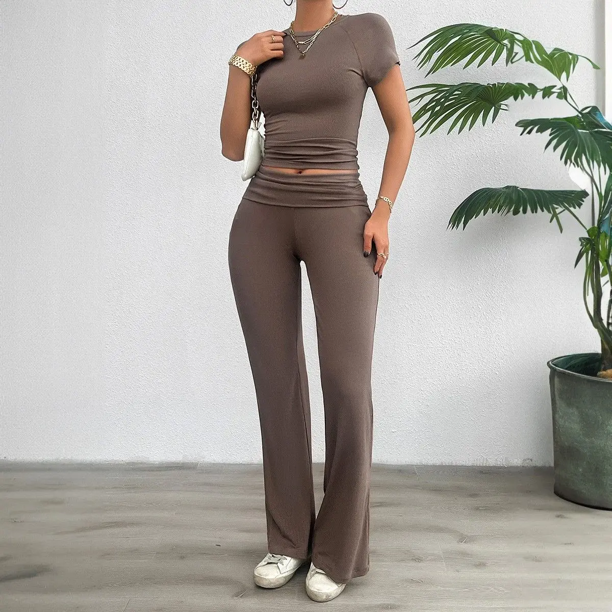 Casual Pure Color ort Sve Long Pants Set Women's Faion Summer Outfit Diyun Cross-Border Clothing 2024 Spring Summer