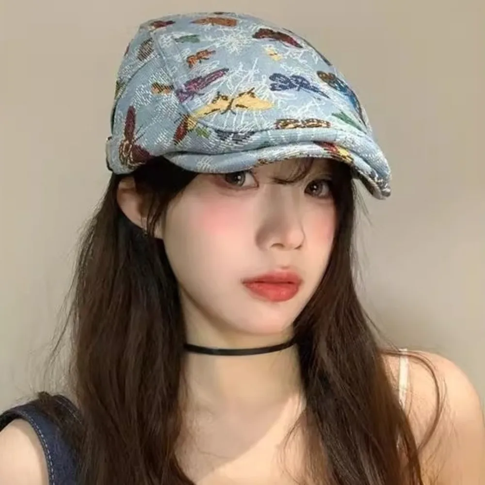 

Vintage Retro Newsboy Cap Reversible Design Casual Artist Painter Hat Sweet Ethnic Style Butterfly Embroidered Beret Daily Use