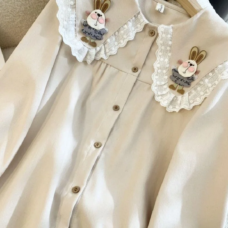 Rabbit Doll Neck Shirt Women's Spring Autumn Vintage Shirt Cute Unique Top Blouses