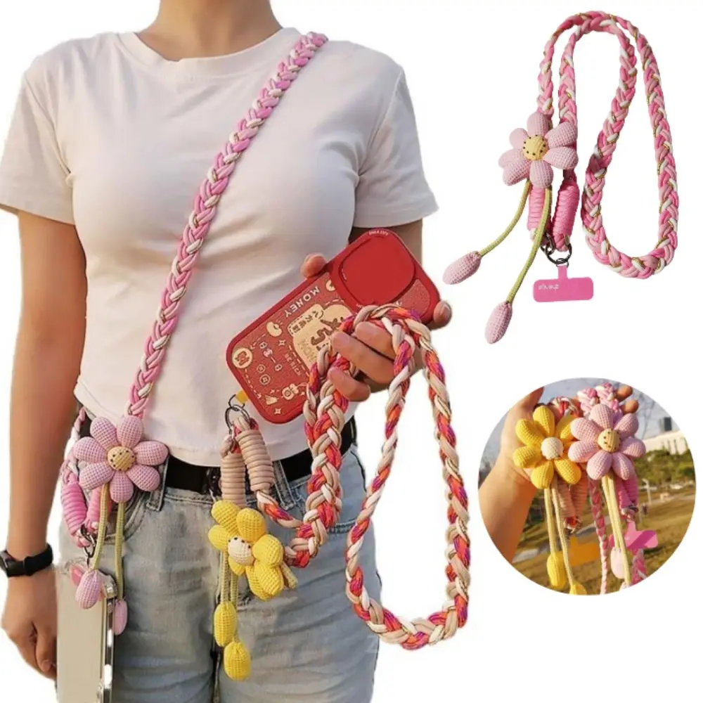 

Fashion Detachable Flowers Phone Lanyard Crossbody Neck Clip Phone Woven Chain Long Anti-lost Cell Phone Strap Hanging Ornament