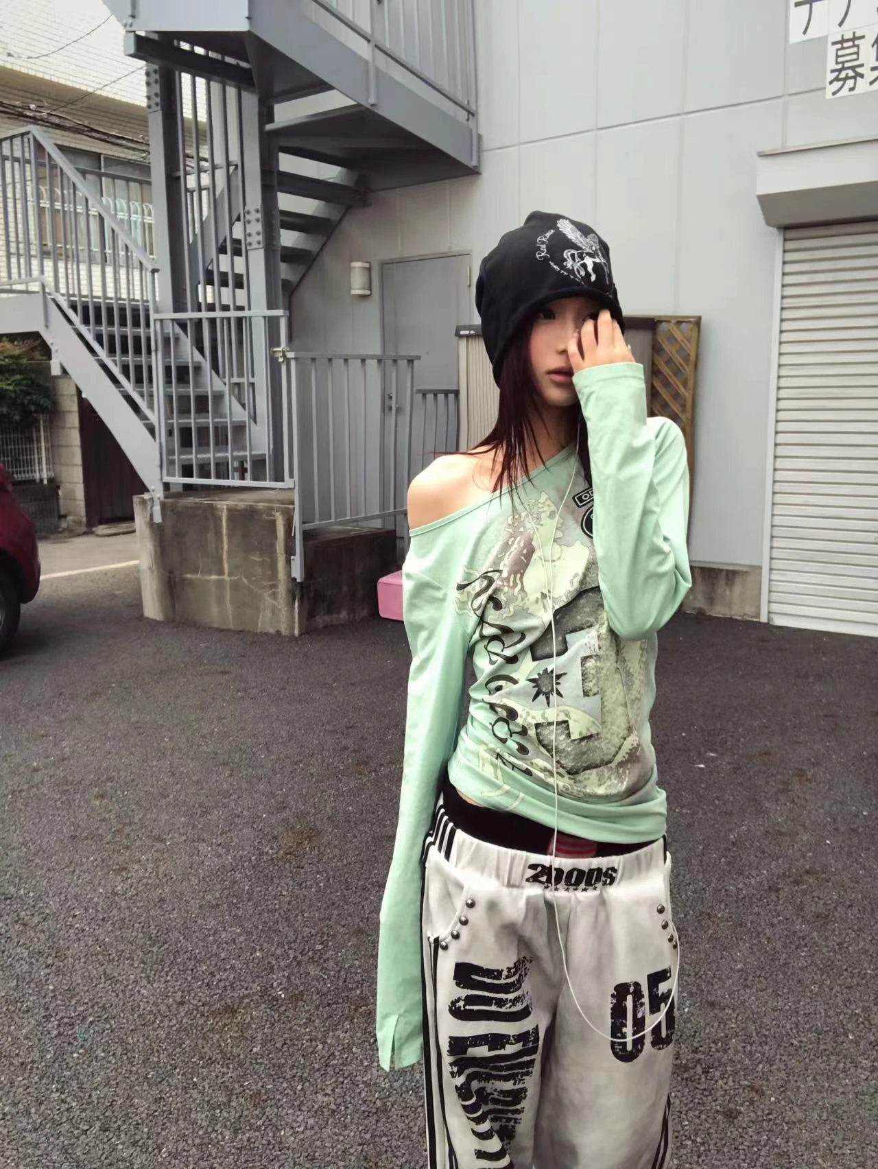Karrram Japanisches Y2k-Grafik-Print-T-Shirt im Trashy-Stil der 2000er Jahre, Langarm, Mintgrün, Vintage Harajuku Streetwear, Amerikanisch – Detail 8
