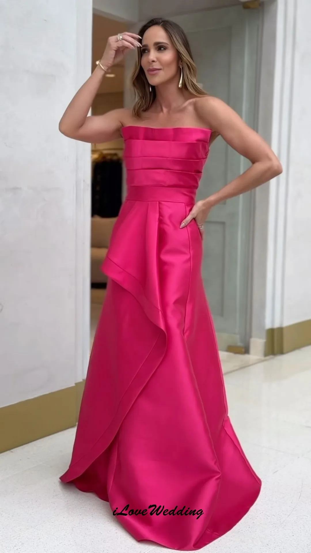 فساتين حفلة موسيقية طويلة بدون حمالات باللون الوردي الساخن على شكل حرف a فستان أنيق لحفلات الزفاف مطوي فساتين رسمية بدون أكمام فستان سهرة مخصص #1