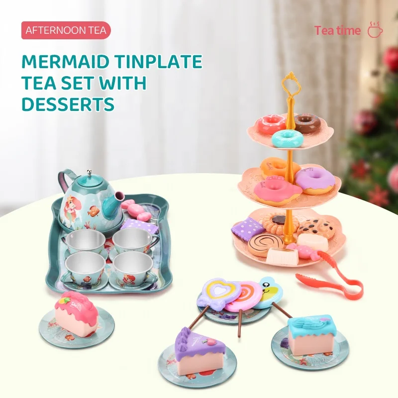 Mermaid Tinplate Afternoon Tea Set Desserts With 3-layer Dessert Stand Simulated Party Cakes Toys For Kids