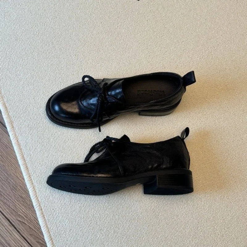 French Vintage Simple Lace-up Loafers Spring New Super Soft Kitten Heel Women's Single Shoes view 5
