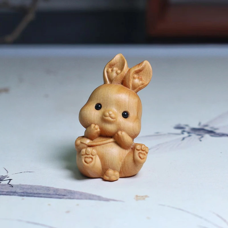 Mini Wood Carving Easter Rabbit Ornaments Zodiac Statue Cute Rabbit Animal Decor Office Desktop Decor Car Decoration Party Gift