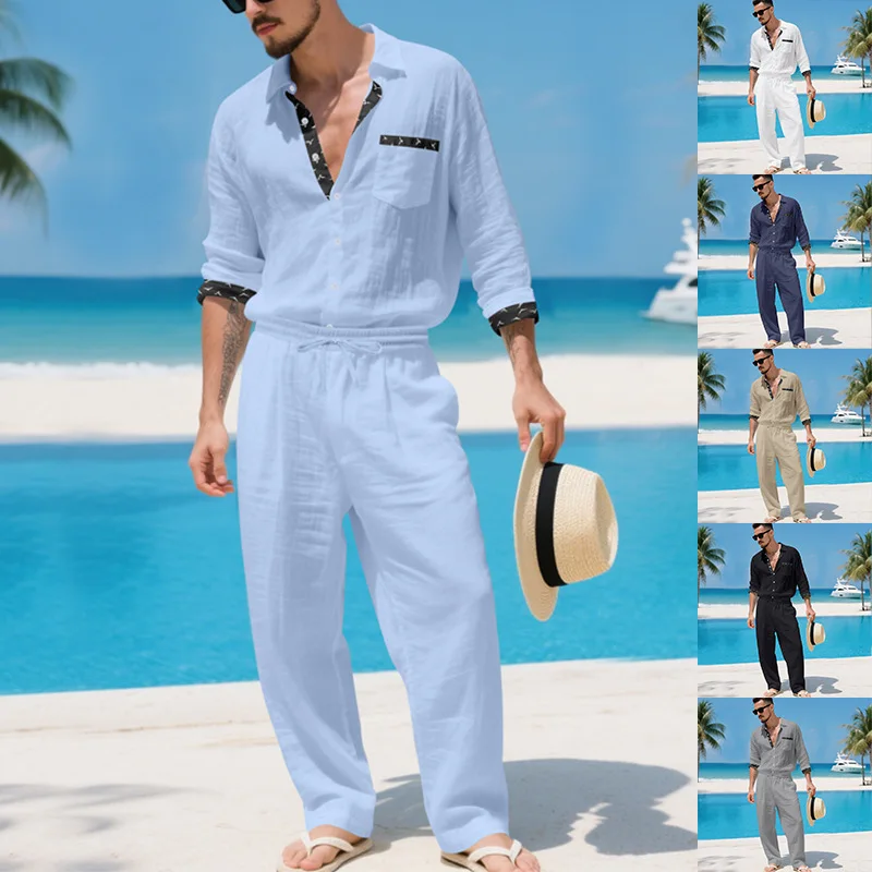 

Men's Linen Blend Hawaiian Shirt & Pants 2-Piece Set Long Sleeve Resort Wear Vintage Old Money Style Summer Casual Suit