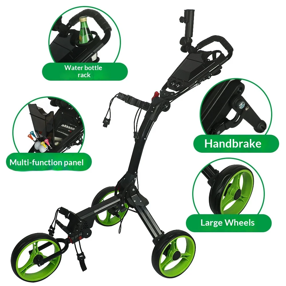 Foldable 3 Wheel Aluminum Golf Bag Trolley, Hand Pull Cart Portable Storage, Golf Course Caddy Scooter Transporter