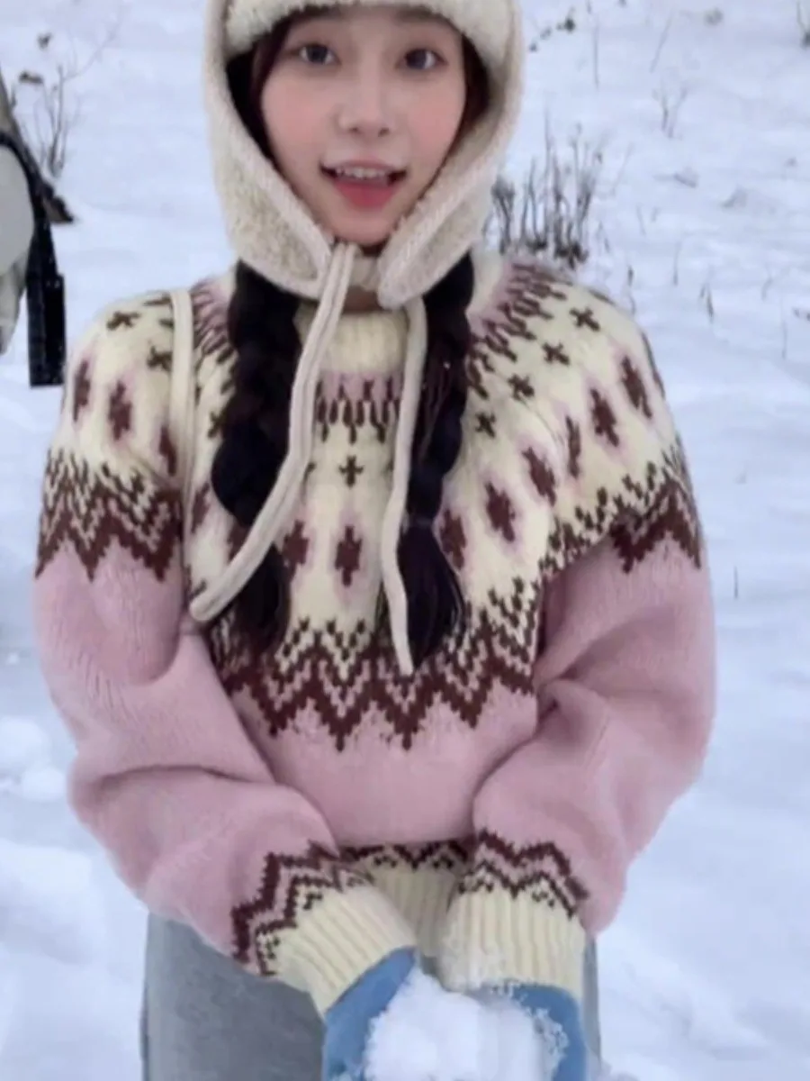 

Женский трикотаж в полоску Pink Fair Isle, осенне-зимний теплый ленивый свитер Thiened Long Sve round Ne Pullover