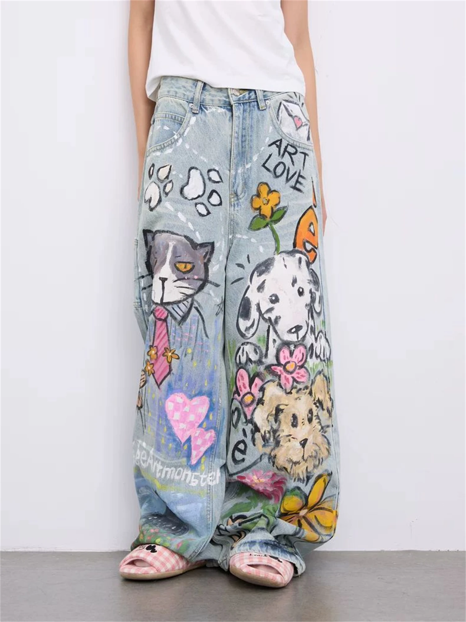 Y2K Women's Hand Painted Cartoon Animal Jeans High Waist Baggy Wide Leg Denim Pants Floral Heart Streetwear Trousers